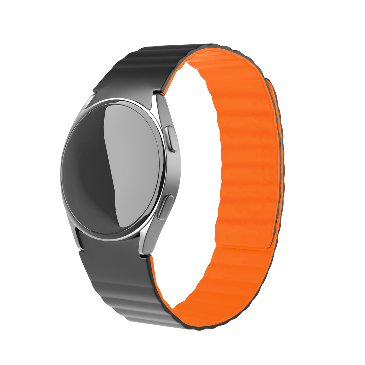 Magnetic Silicone Strap, black/orange, on a watch, 3/4 front view
