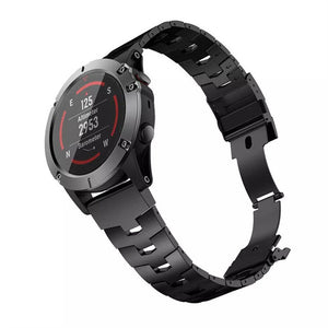 Titanium Strap, black, on a watch, 3/4 front view