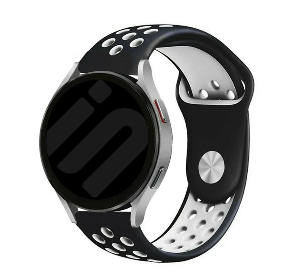 Silicone Sport Strap, black/white, on a watch, 3/4 front view