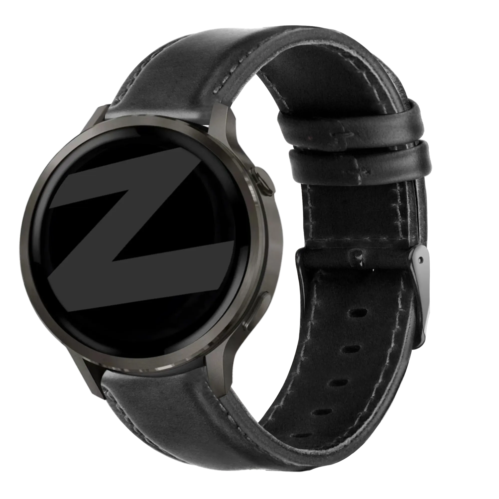 Leather Strap 'Classic', black, on a watch, 3/4 front view