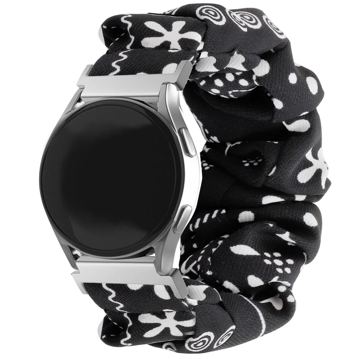Nylon Scrunchie Strap, black mix, on a watch, 3/4 front view