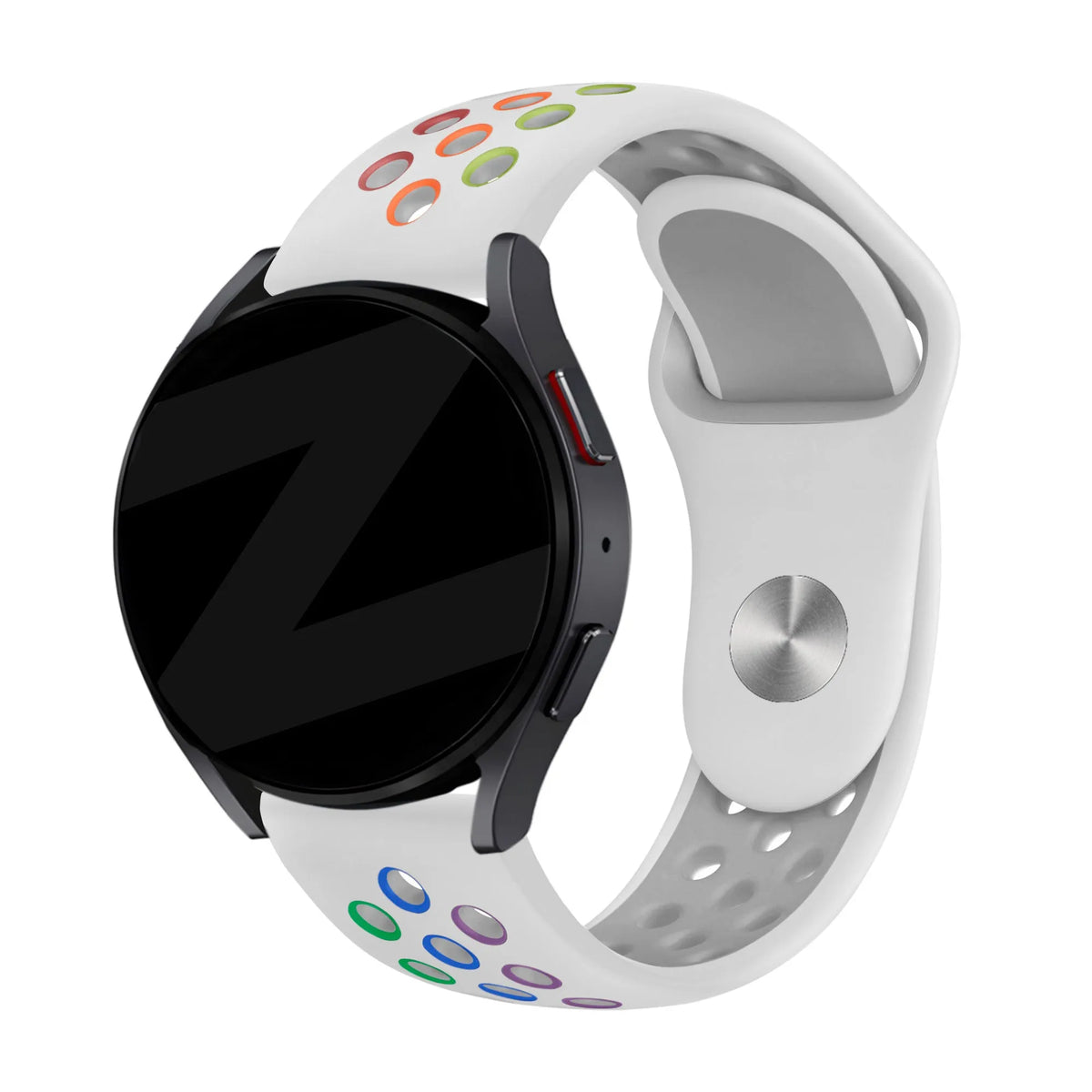 Silicone Sport Strap 'Deluxe', white/colourful, on a watch, 3/4 rear view