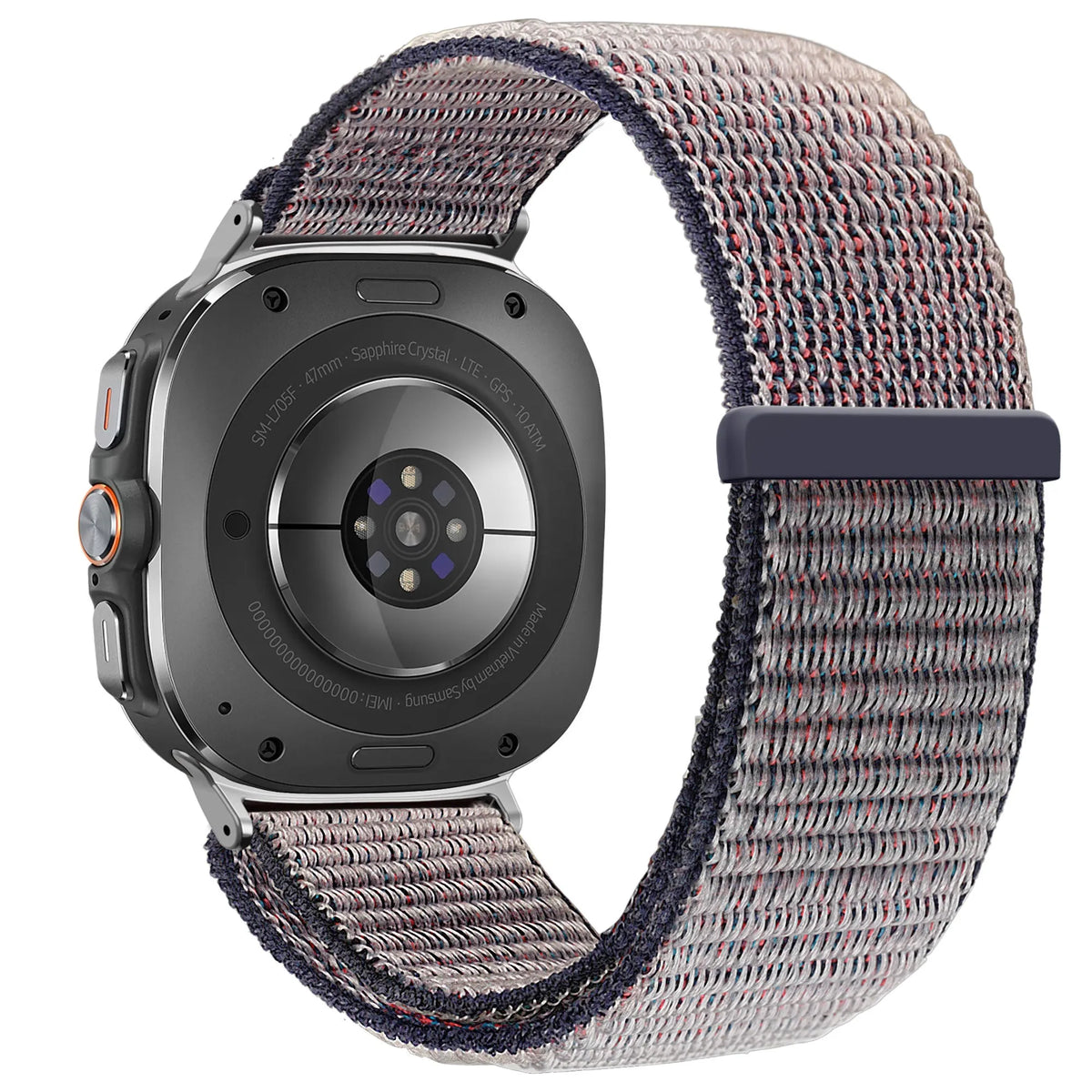 Nylon Loop Strap, dark blue, on a watch, 3/4 rear view