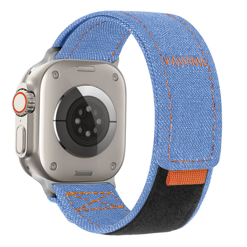 Nylon Denim Strap, light blue, on a watch, 3/4 rear view