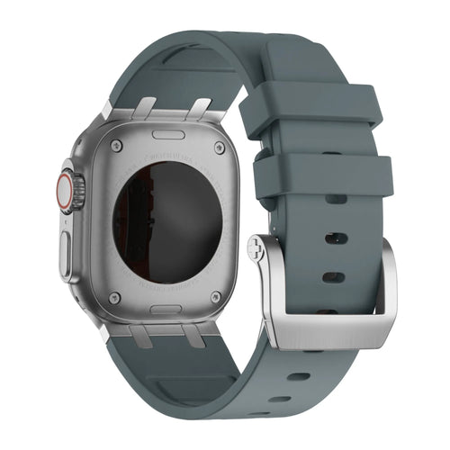 Silicone Strap 'Luxe Liquid', dark grey with silver, on a watch, 3/4 rear view