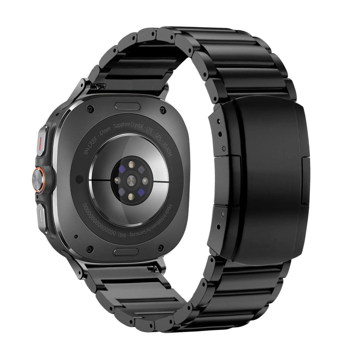 Titanium Strap 'Classic', black, on a watch, 3/4 rear view