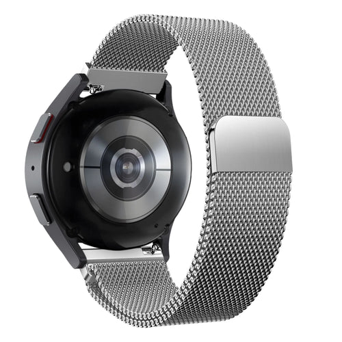 Milanese Loop Strap, silver, on a watch, 3/4 rear view