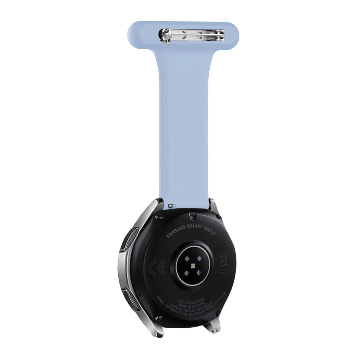 Silicone Nurse Fob, light blue, on a watch, 3/4 rear view