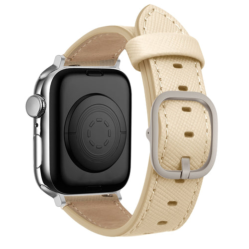 Leather Strap 'Deluxe', beige, on a watch, 3/4 rear view