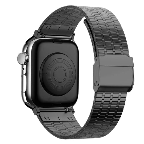 Adjustable Steel Strap, black, on a watch, 3/4 rear view