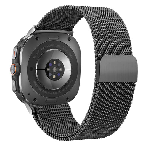 Milanese Loop Strap, black, on a watch, 3/4 rear view