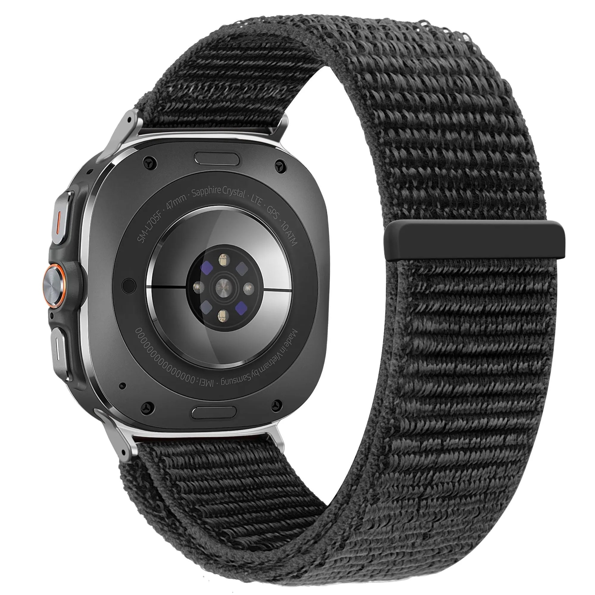 Nylon Loop Strap, black, on a watch, 3/4 rear view