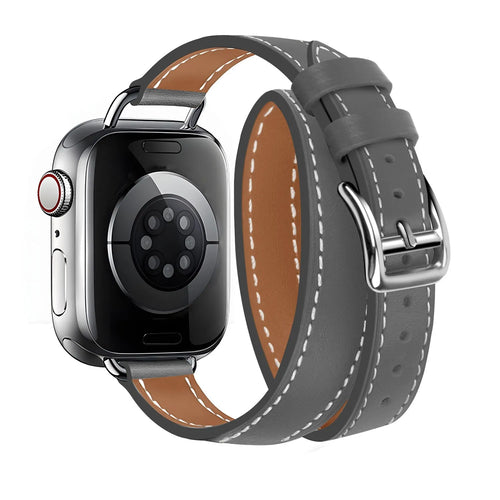 Leather Strap 'Double Tour', grey, on a watch, 3/4 rear view