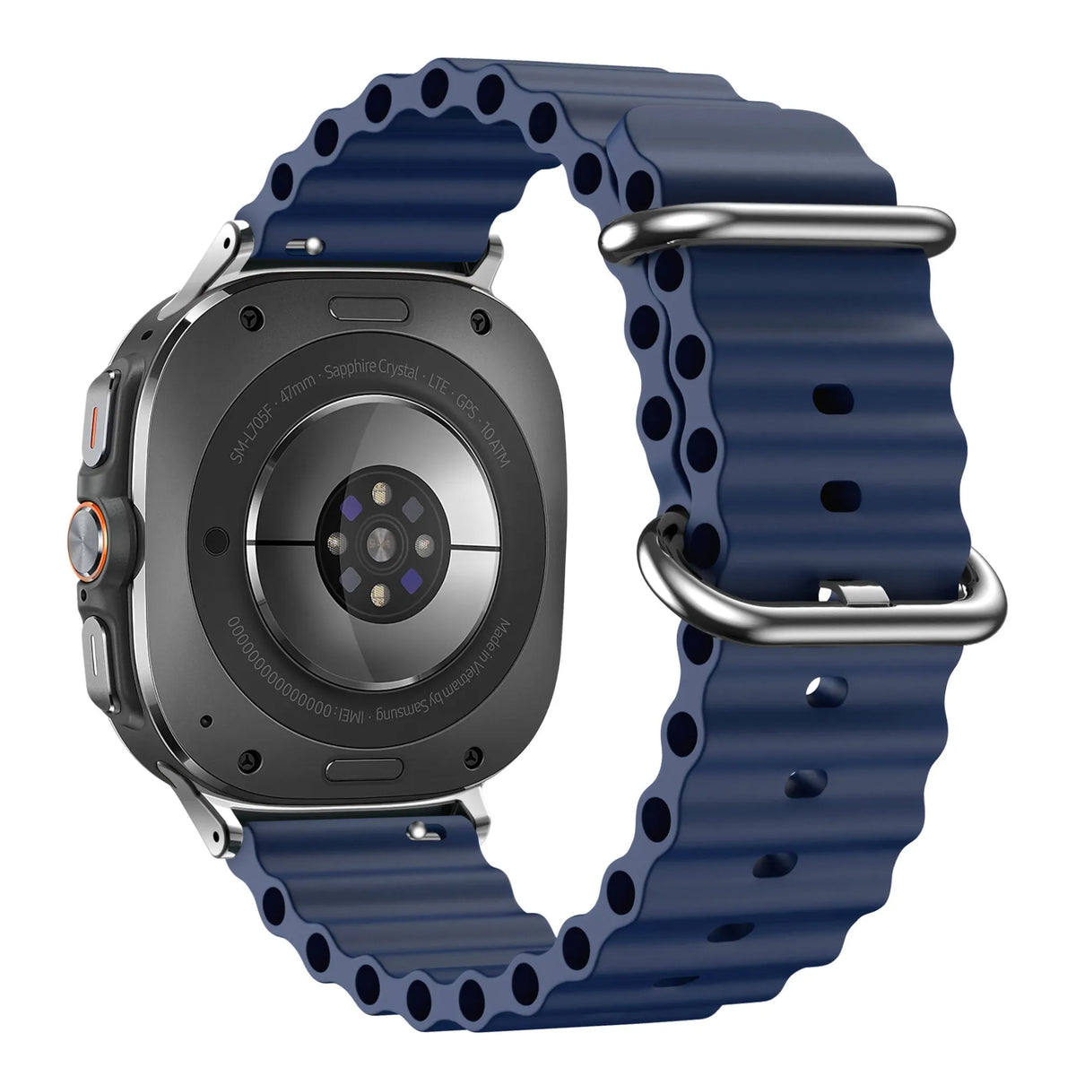 Silicone Ocean Strap 'Classic', dark blue, on a watch, 3/4 rear view