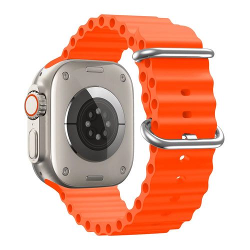 Silicone Ocean Strap 'Classic', orange, on a watch, 3/4 rear view