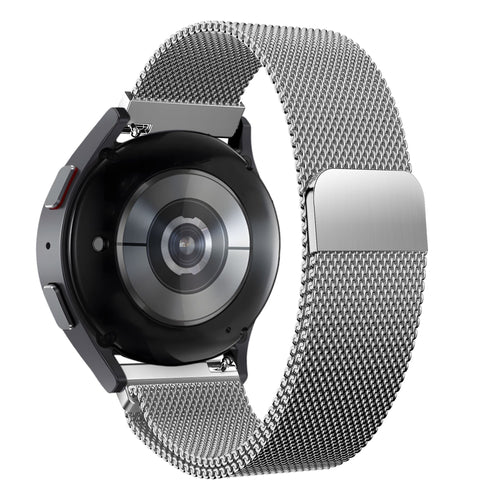 Milanese Loop Strap, silver, on a watch, 3/4 rear view