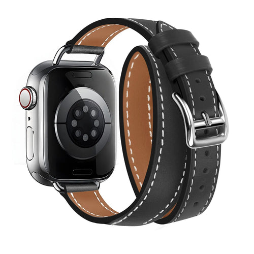 Leather Strap 'Double Tour', black, on a watch, 3/4 rear view