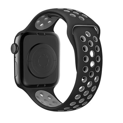 Silicone Dual Snap Sport Strap, black/grey, on a watch, 3/4 rear view
