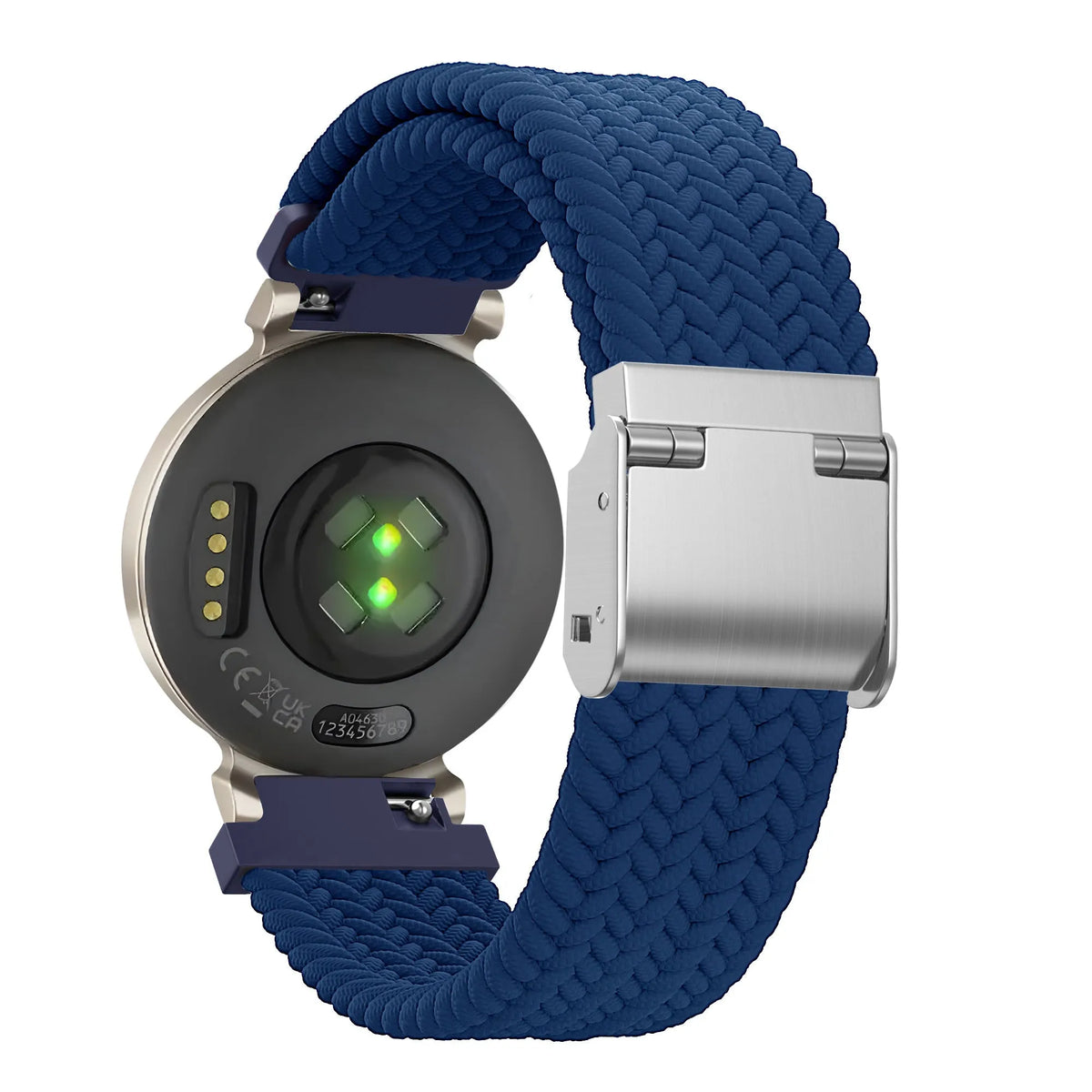 Woven Nylon Strap, blue, on a watch, 3/4 rear view