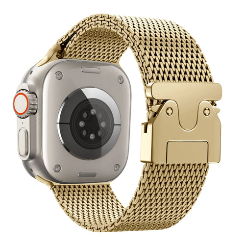 Milanese Loop Strap P-Buckle, gold, on a watch, 3/4 rear view