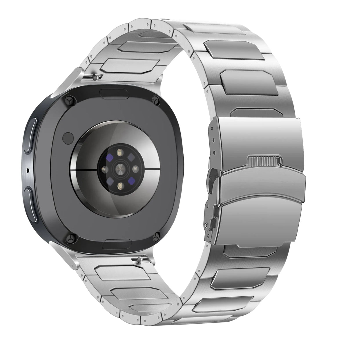 Titanium Strap 'Deluxe', silver, on a watch, 3/4 rear view