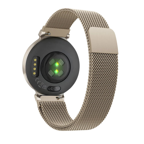 Milanese Loop Strap, champagne, on a watch, 3/4 rear view