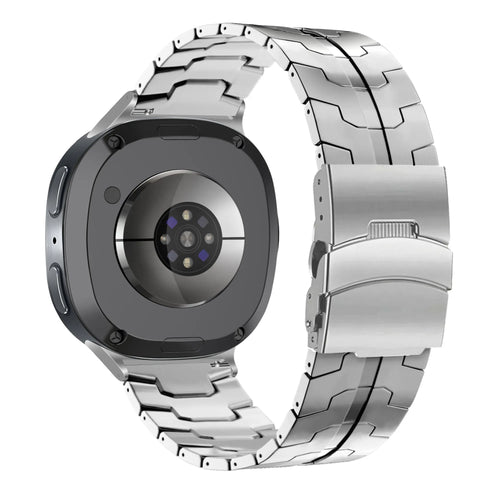 Titanium Strap 'Iron', silver, on a watch, 3/4 rear view