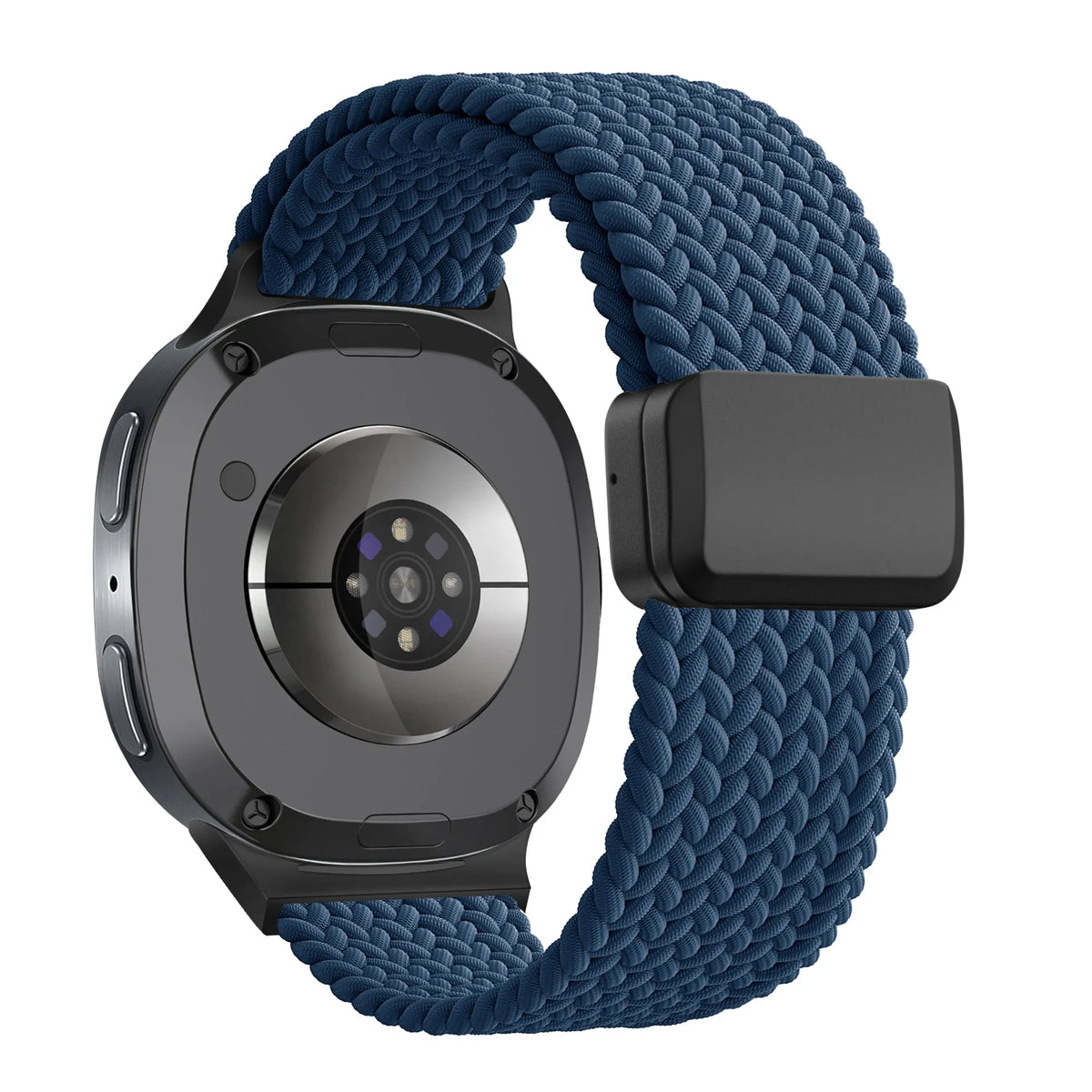 Nylon Braided Strap 'Easy Fit', dark blue, on a watch, 3/4 rear view