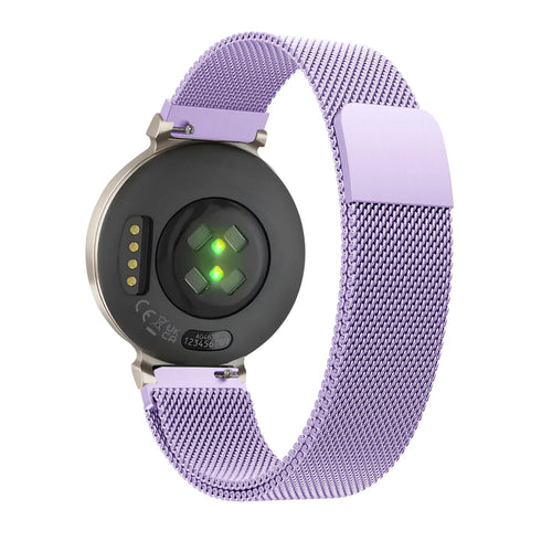 Milanese Loop Strap, light purple, on a watch, 3/4 rear view