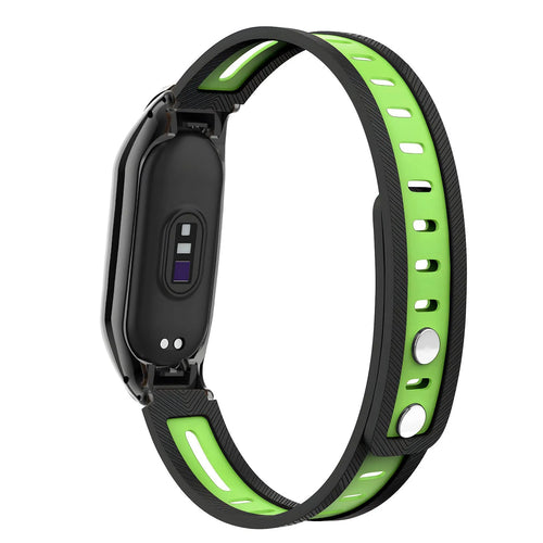 Silicone TPU Strap with Frame, black/green, on a watch, 3/4 rear view
