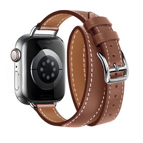 Leather Strap 'Double Tour', brown, on a watch, 3/4 rear view