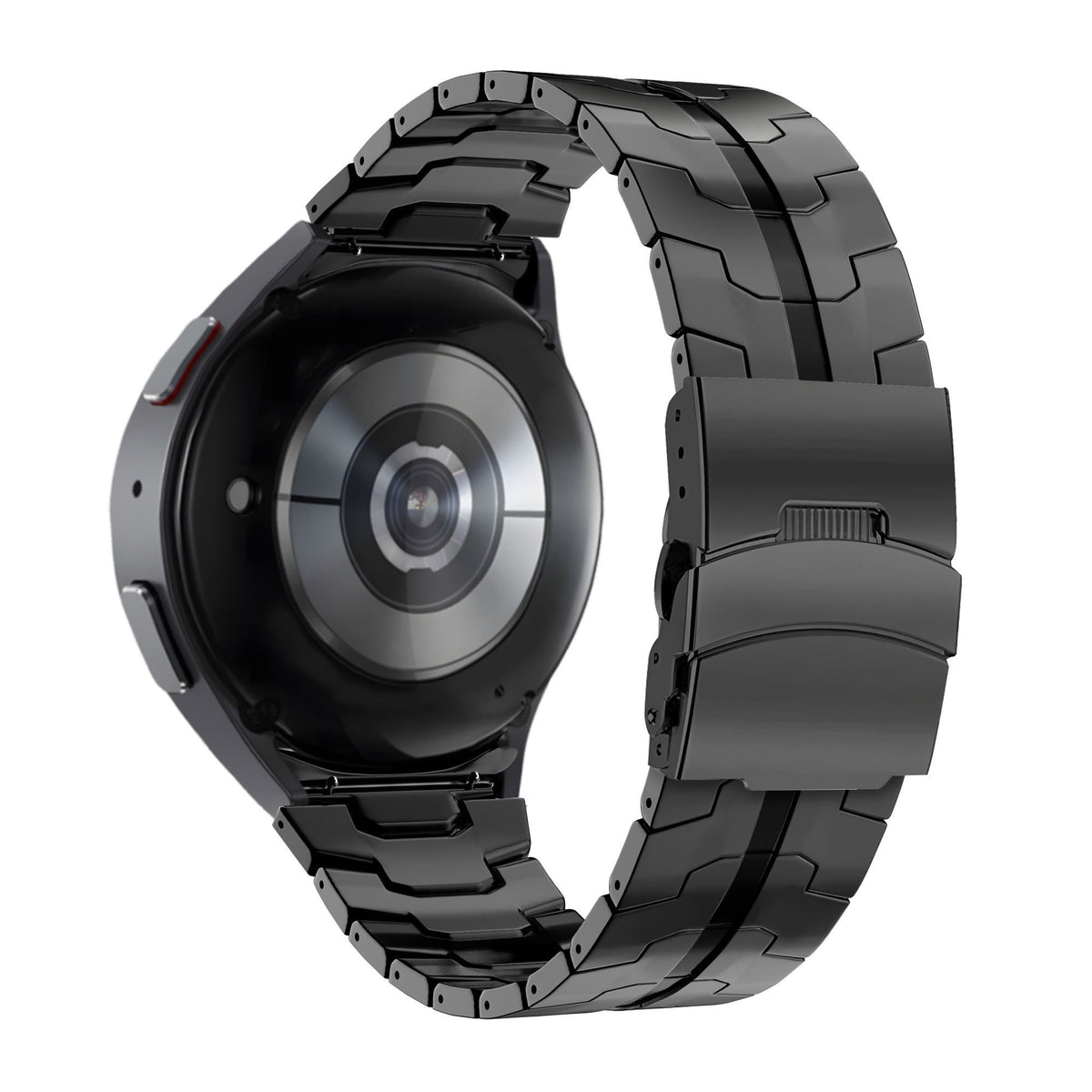 Steel Strap 'Iron', black, on a watch, 3/4 rear view