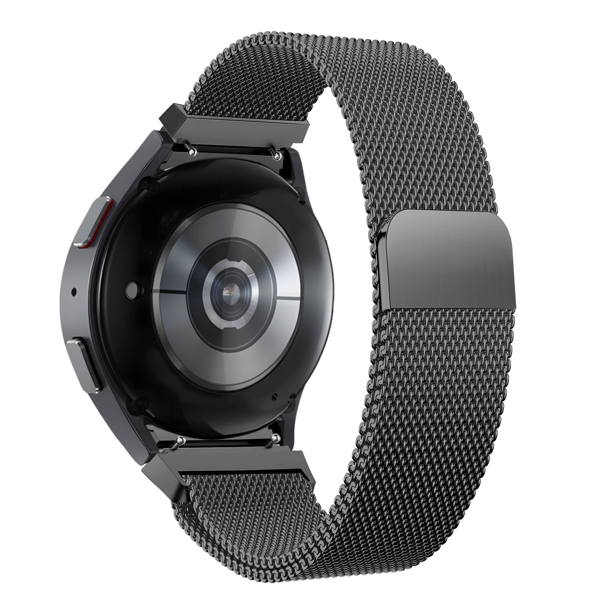 Milanese Loop Strap, black, on a watch, 3/4 rear view