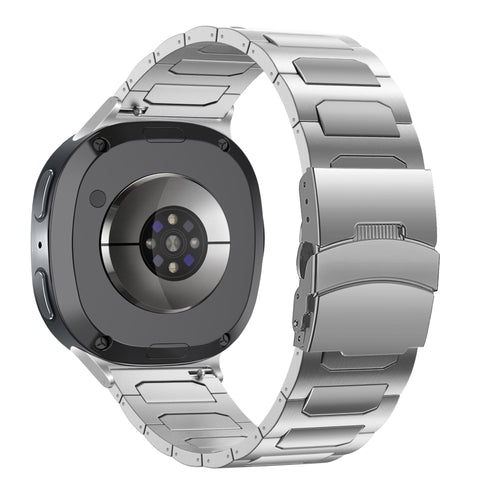 Titanium Strap 'Deluxe', silver, on a watch, 3/4 rear view