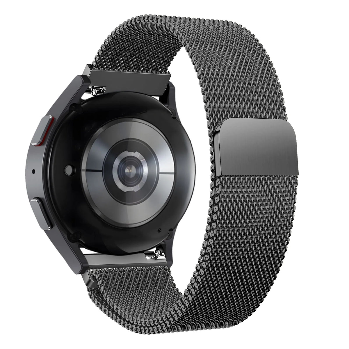 Milanese Loop Strap, black, on a watch, 3/4 rear view
