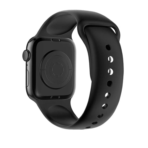 Dual Snap Silicone Strap, black, on a watch, 3/4 rear view