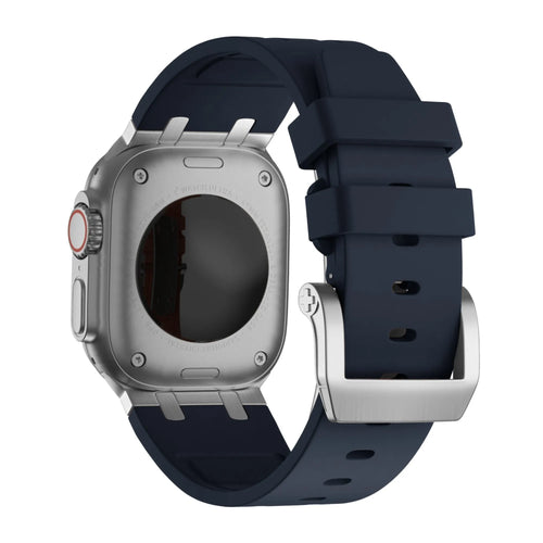 Silicone Strap 'Luxe Liquid', blue/silver, on a watch, 3/4 rear view