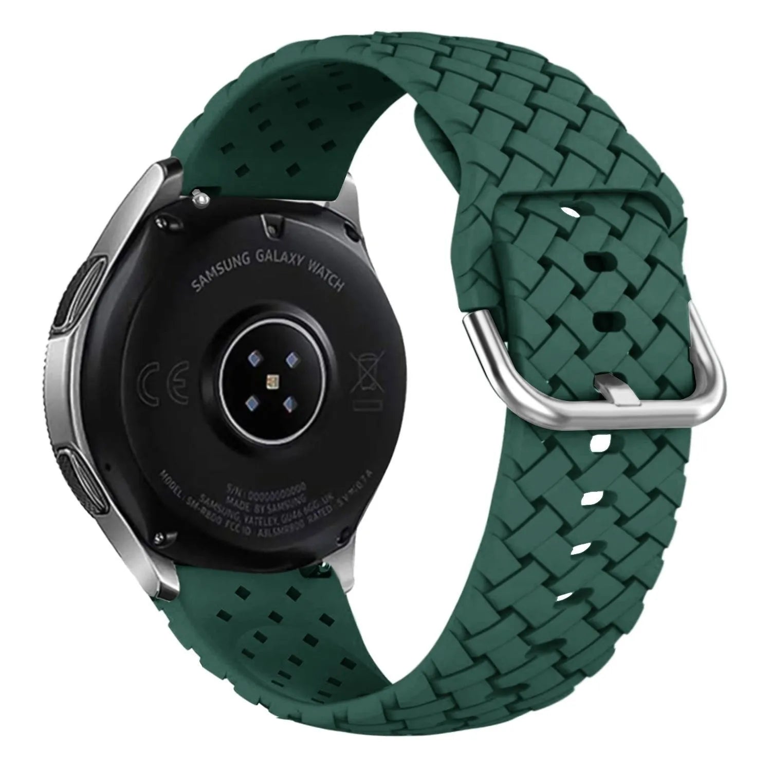 Braided Silicone Strap, dark green, on a watch, 3/4 rear view