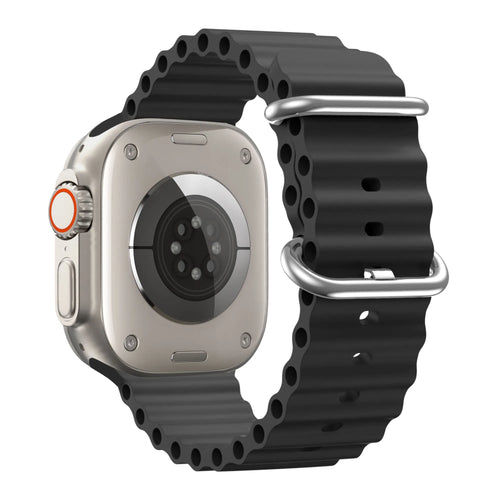 Silicone Ocean Strap 'Classic', black, on a watch, 3/4 rear view