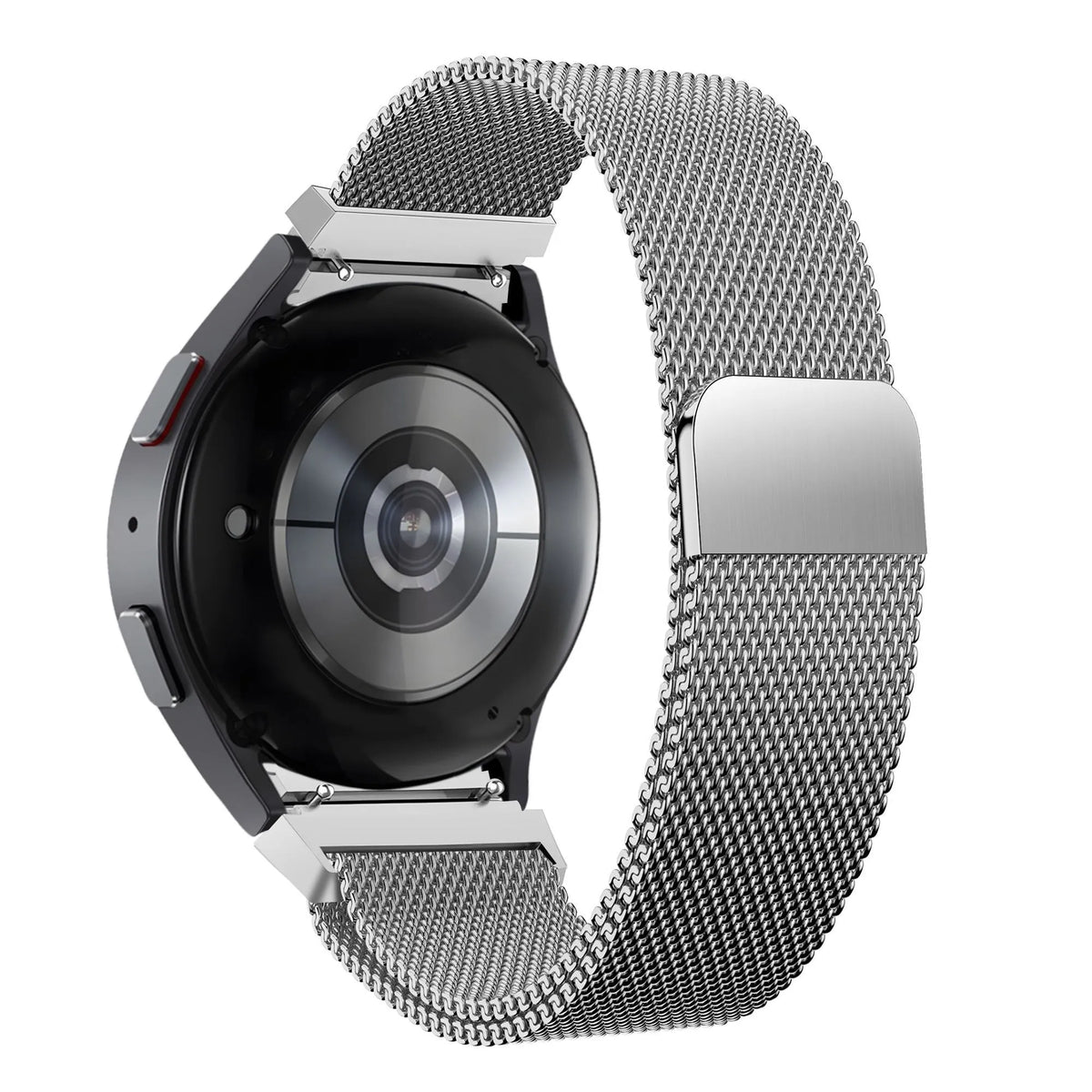 Milanese Loop Strap, silver, on a watch, 3/4 rear view