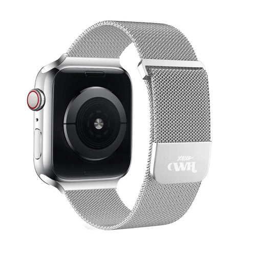 Milanese Strap, silver, on a watch, 3/4 rear view