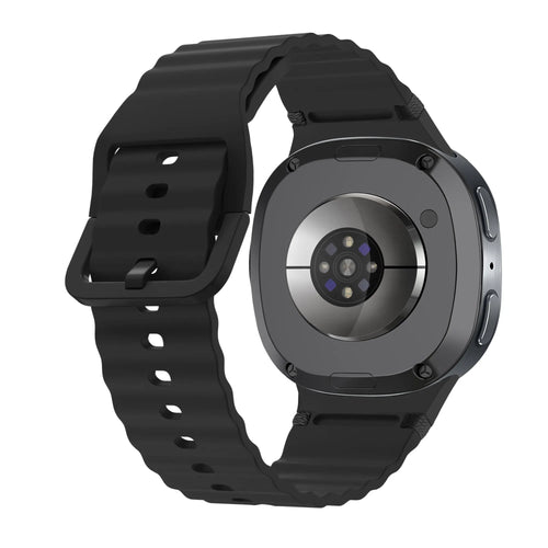 Wave Silicone Strap, black, on a watch, 3/4 rear view