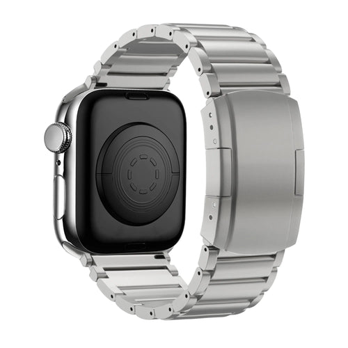 Titanium Strap 'Classic', silver, on a watch, 3/4 rear view