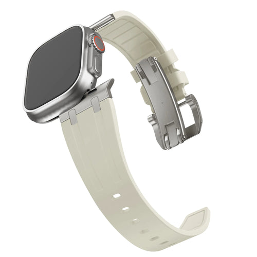 Silicone Strap 'Luxe Liquid', beige with titanium, on a watch, 3/4 rear view