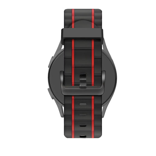 Silicone Sport Strap Striped, black/red, on a watch, 3/4 rear view