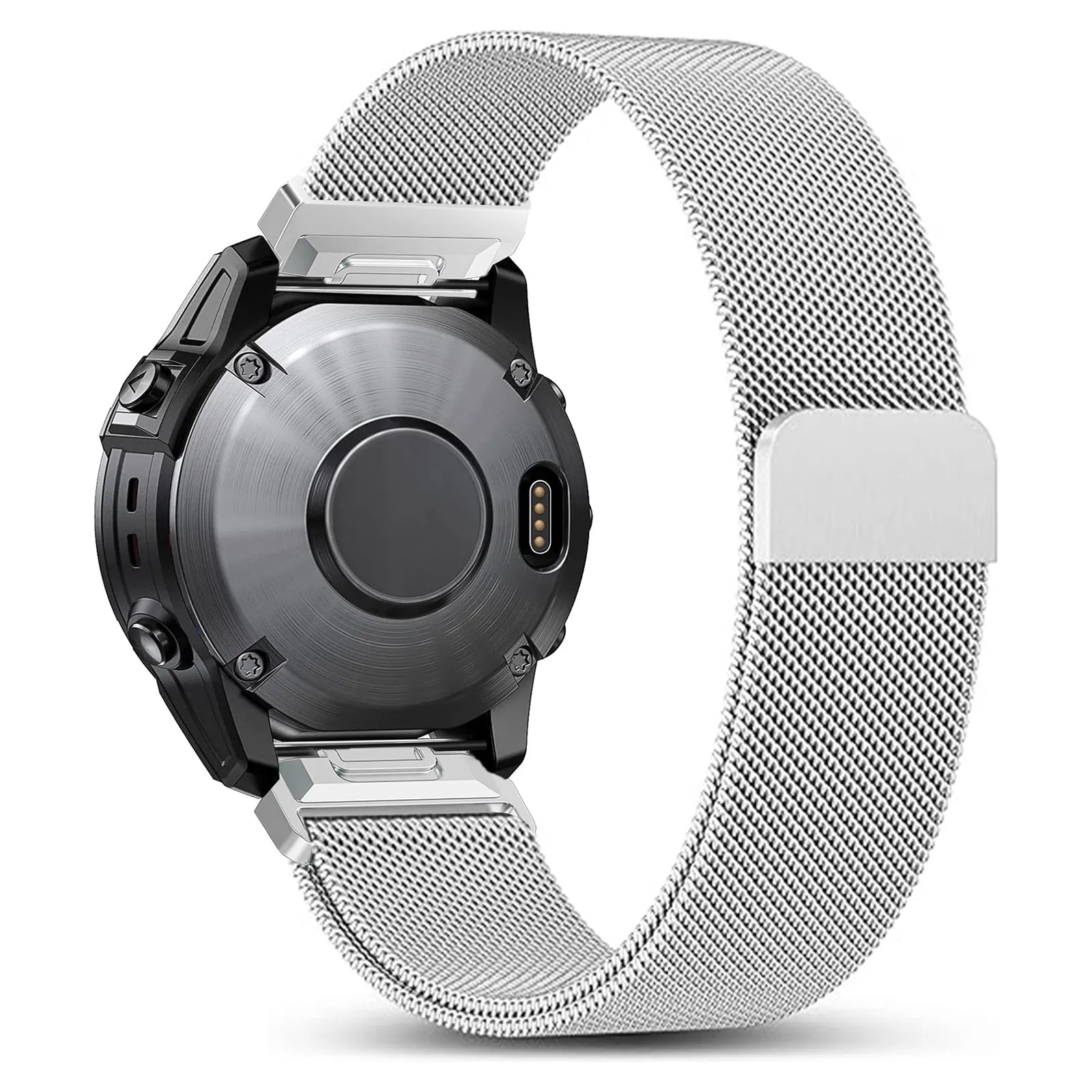 Premium Milanese Strap, silver, on a watch, 3/4 rear view