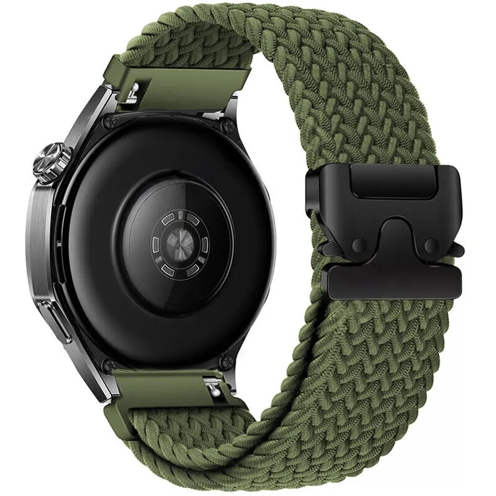 Nylon Braided Strap P-Buckle, green, on a watch, 3/4 rear view