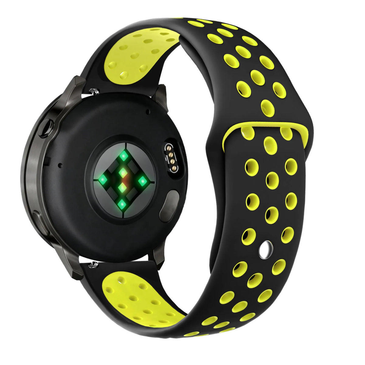 Silicone Sport Strap 'Deluxe', black/yellow, on a watch, 3/4 rear view
