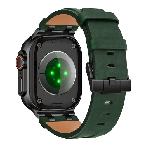Solid Leather Strap, dark green, on a watch, 3/4 rear view