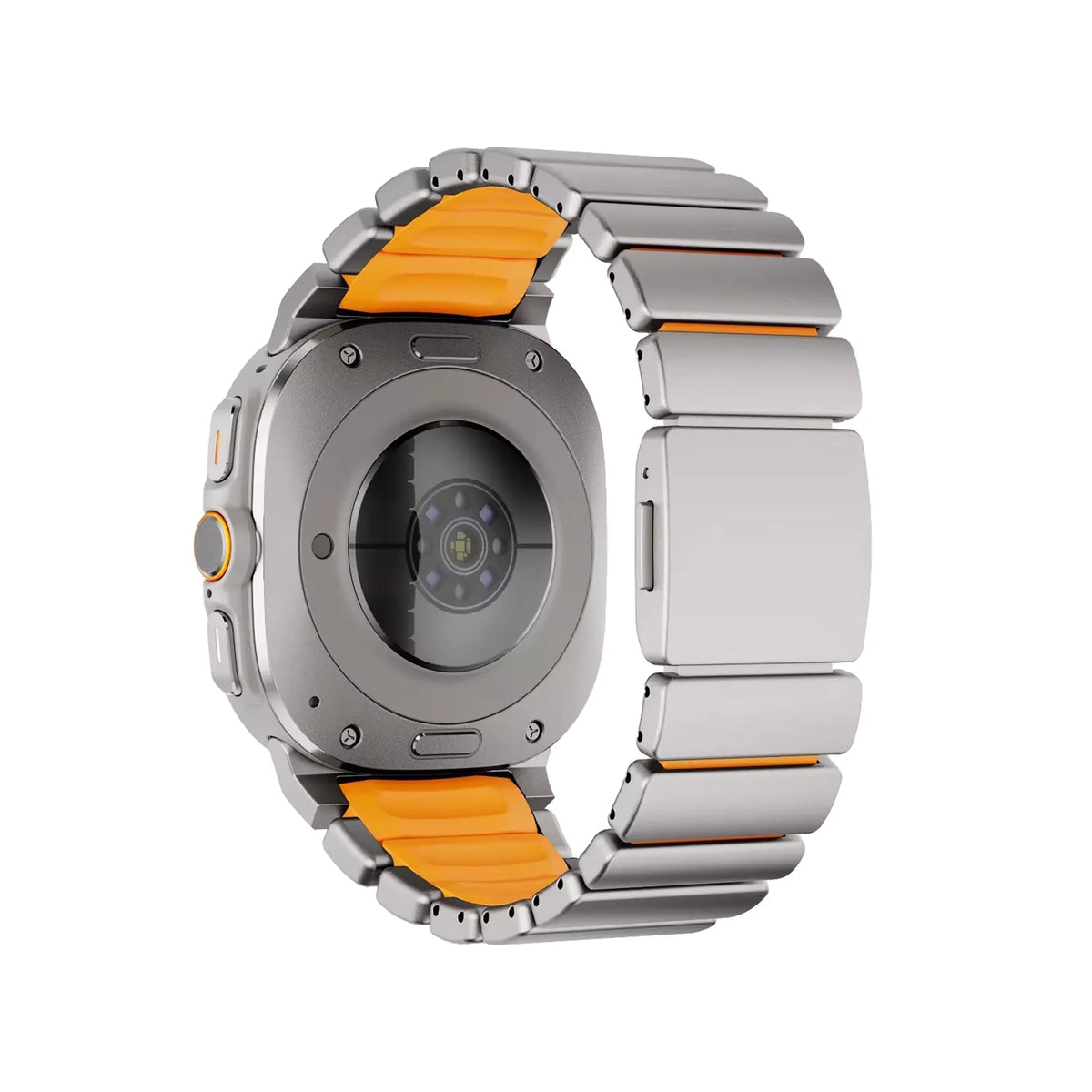 Titanium Strap 'Hybrid', titanium/orange, on a watch, 3/4 rear view